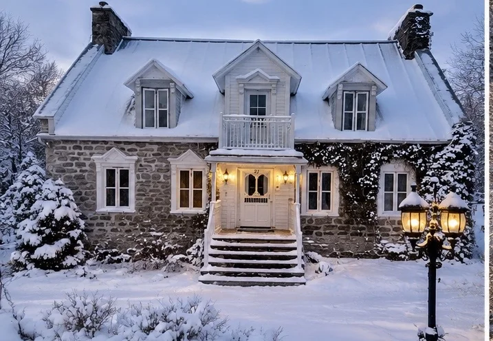 Façade en pierre de l’Auberge du Manoir sous la neige
