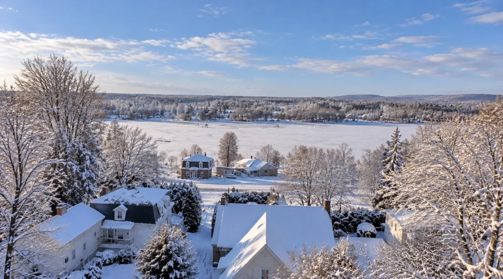 Vue hivernale vers la rivière Sainte-Anne depuis l’arrière de l’Auberge du Manoir